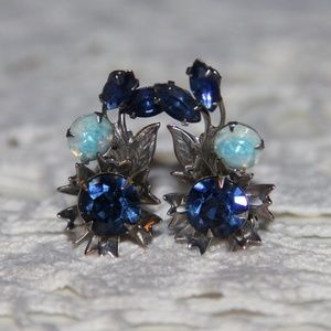 Vintage Blue Rhinestone Flower Clip On Earrings